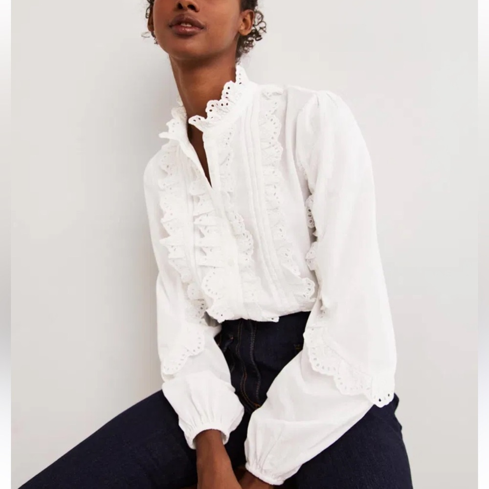 Boden Elegant White Eyelet Blouse Ruffle Sleeve Broderie Blouse